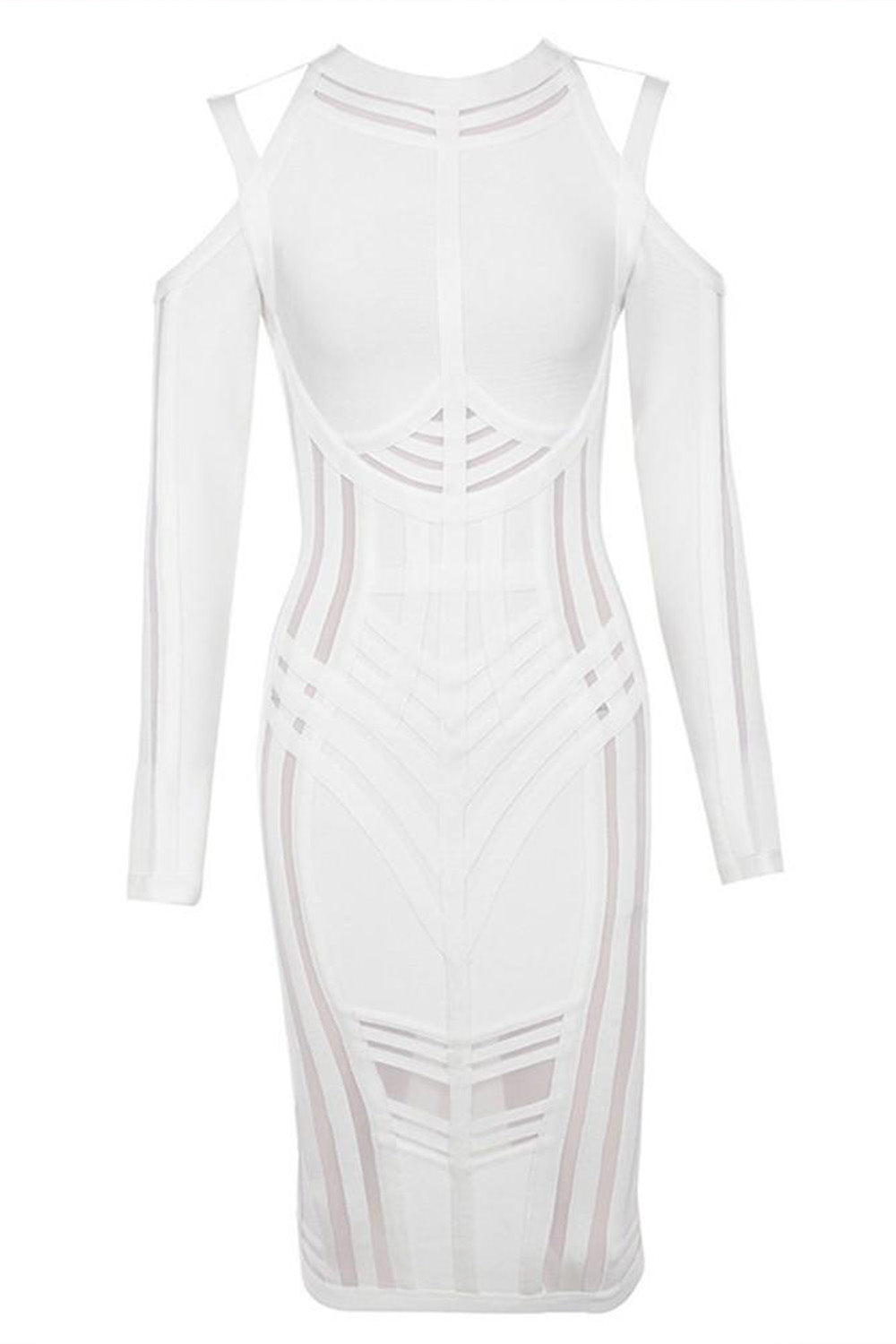 white bandage dress, white bodycon dress, white cocktail dress, bandage dress for women, knee length bandage dress, long sleeve bandage dress, event dress, party dress, round neck bandage dress, mesh bandage dress, stripe bandage dress