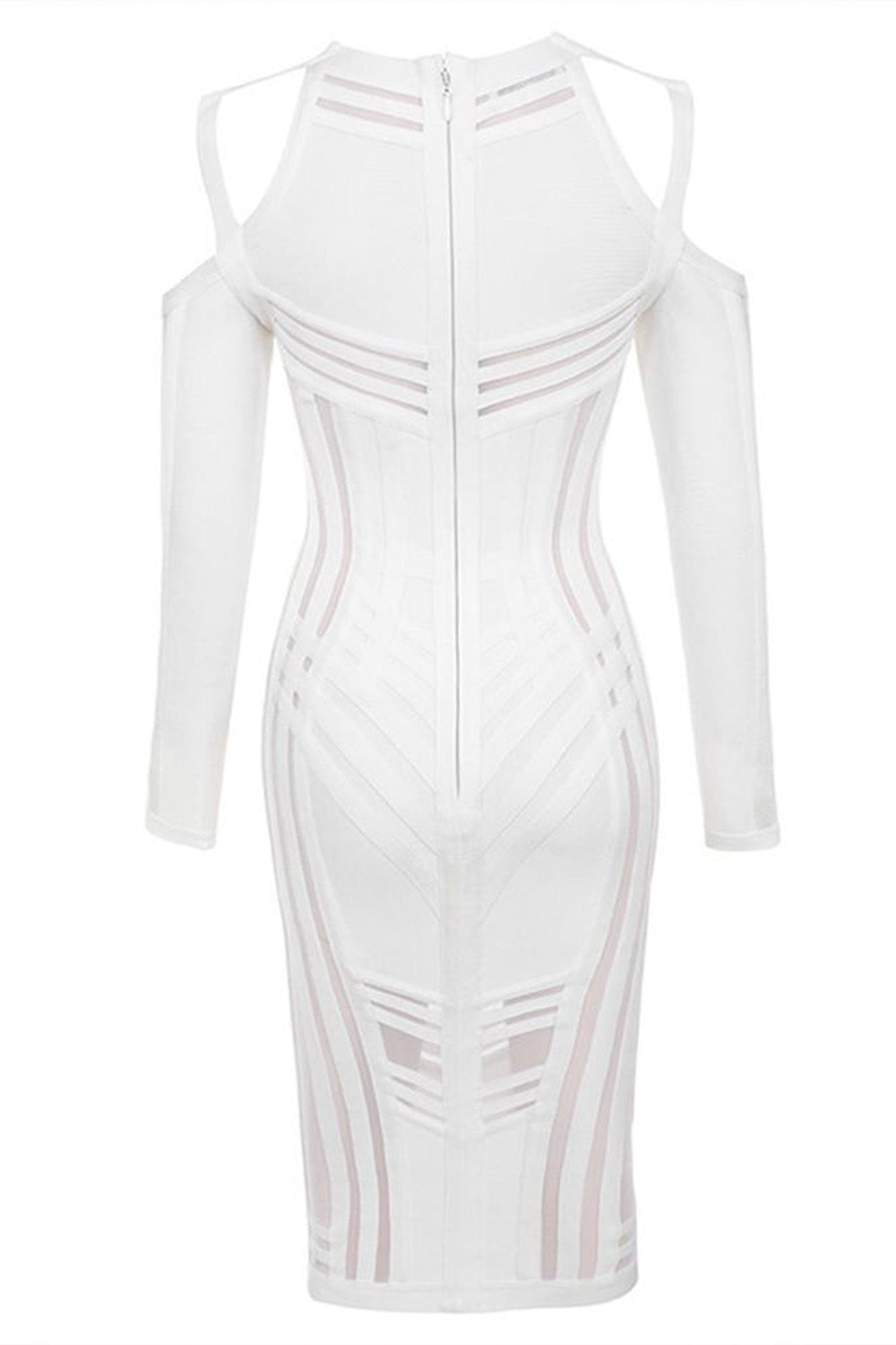 white bandage dress, white bodycon dress, white cocktail dress, bandage dress for women, knee length bandage dress, long sleeve bandage dress, event dress, party dress, round neck bandage dress, mesh bandage dress, stripe bandage dress