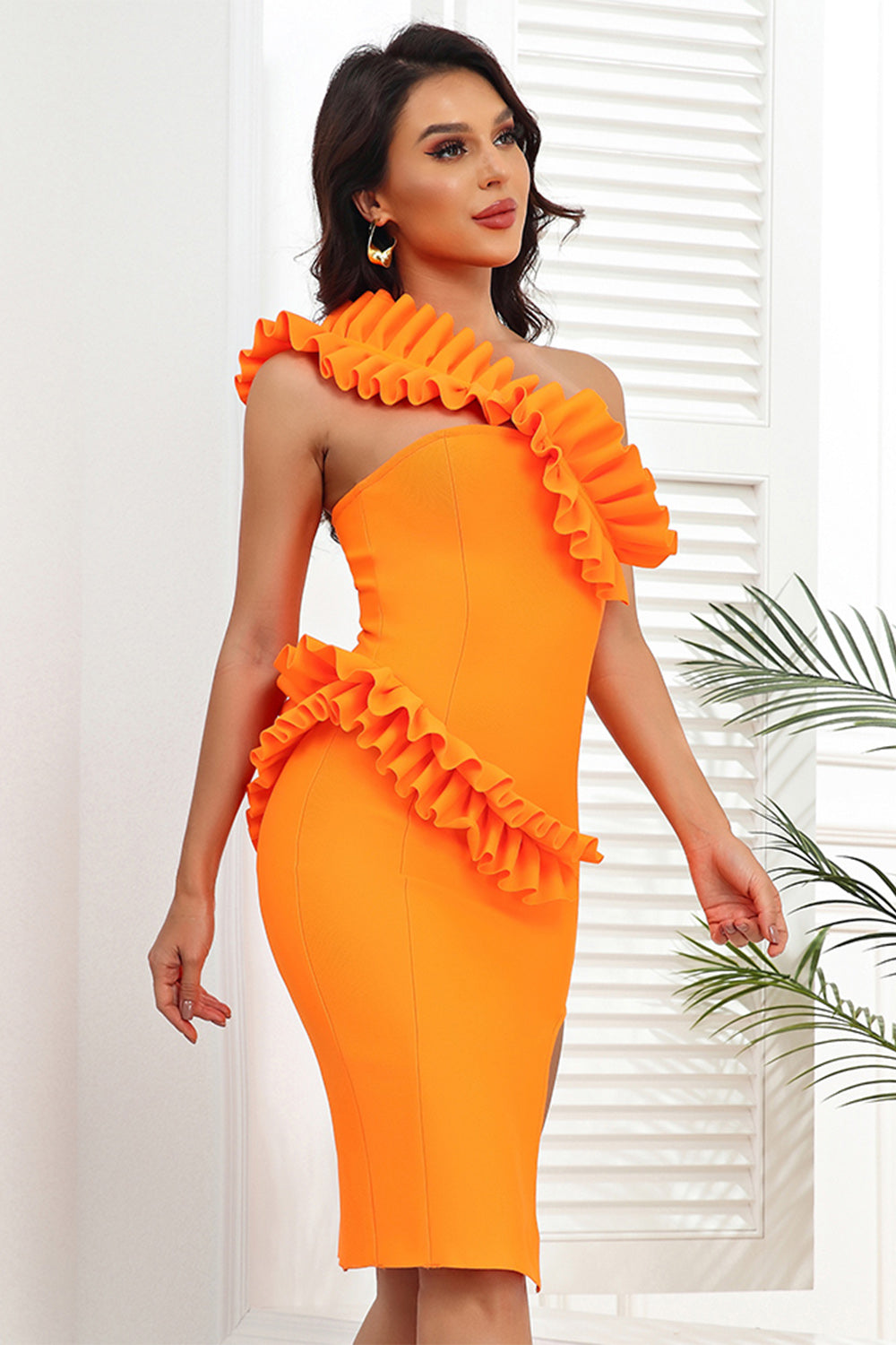 orange bandage dress, orange bodycon dress, orange cocktail dress, bandage dress for women, knee length bandage dress, one shoulder bandage dress, ruffle bandage dress