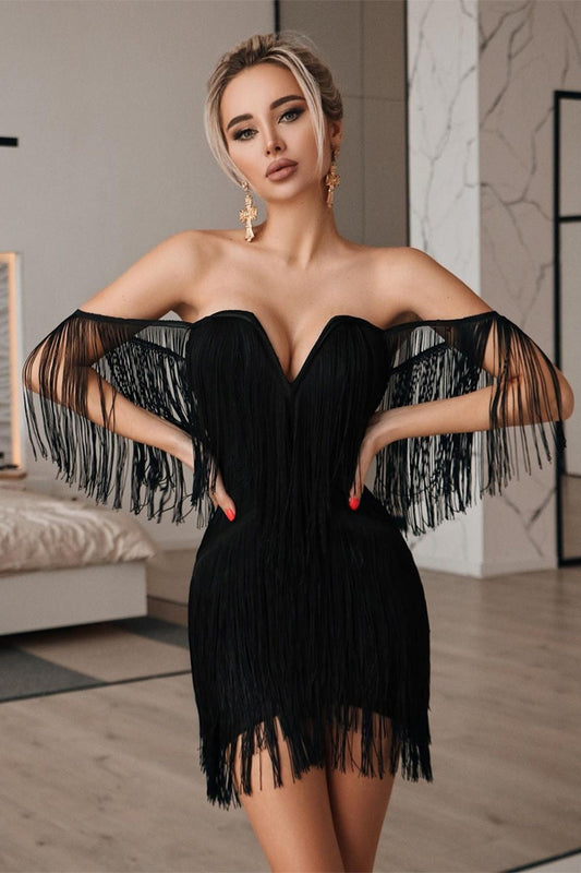 black bandage dress, black bodycon dress, cocktail dress, bandage dress for women, mini bandage dress, sleeveless bandage dress, off shoulder bandage dress, wedding dress, event dress, party dress, tassel bandage dress, fringe bandage dress, prom dress, v neck bandage dress