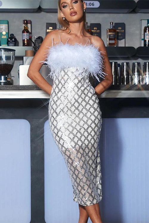 bandage dress,bandage dress for women,white bandage dress,white sequin dress,feather dress,feather bandage dress,off shoulder bandage dress,slit dress,sequin dress,midi bandage dress,bandage cocktail dress