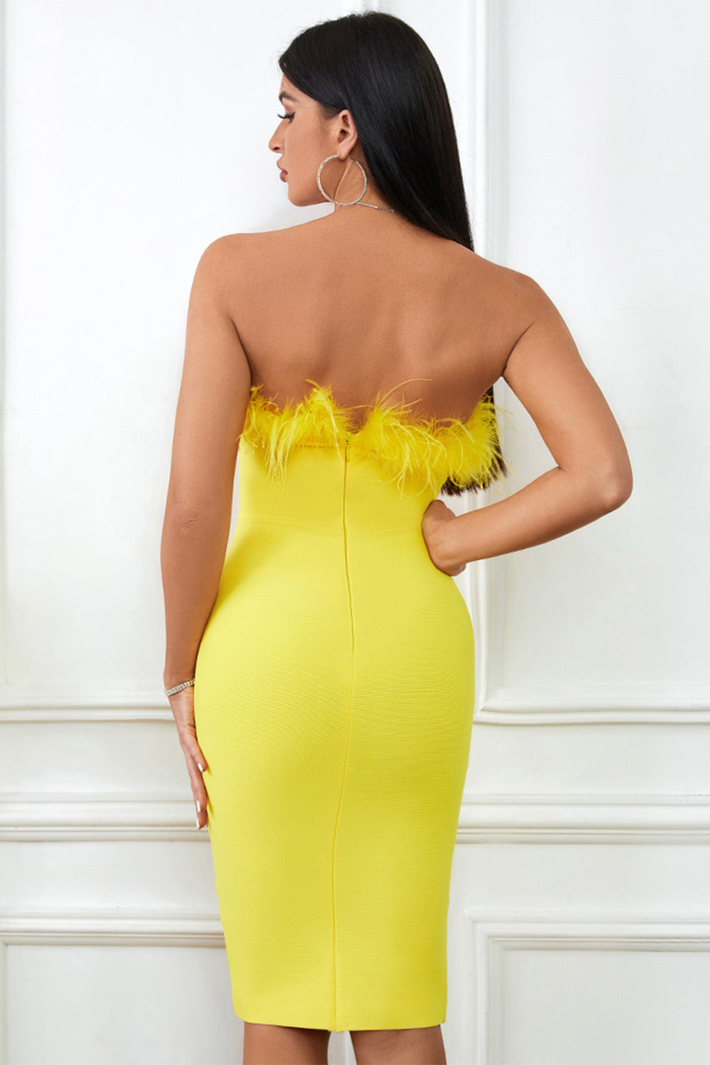 yellow bandage dress, yellow bodycon dress, feather bandage dress, cocktail dress, bandage dress for women, knee length bandage dress, sexy bandage dress, off shoulder bandage dress, bandage dress for women elegant, bright dress, colorful dress