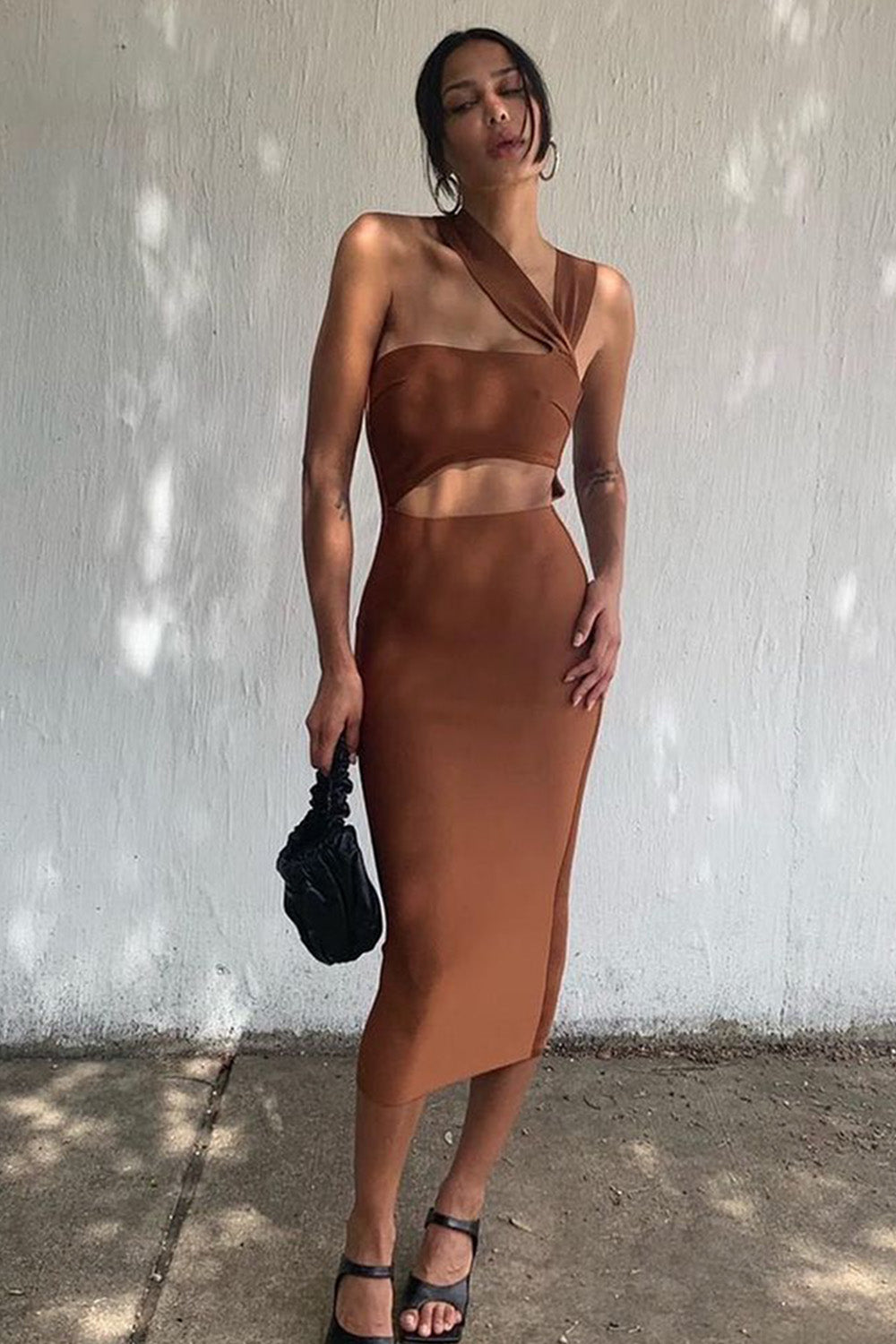 coffee bandage dress, coffee bodycon dress, brown bandage dress, cocktail dress, bandage dress for women, knee length bandage dress, midi bandage dress, sexy bandage dress, asymmetric bandage dress, sleeveless bandage dress, event dress, party dress, hollow out bandage dress