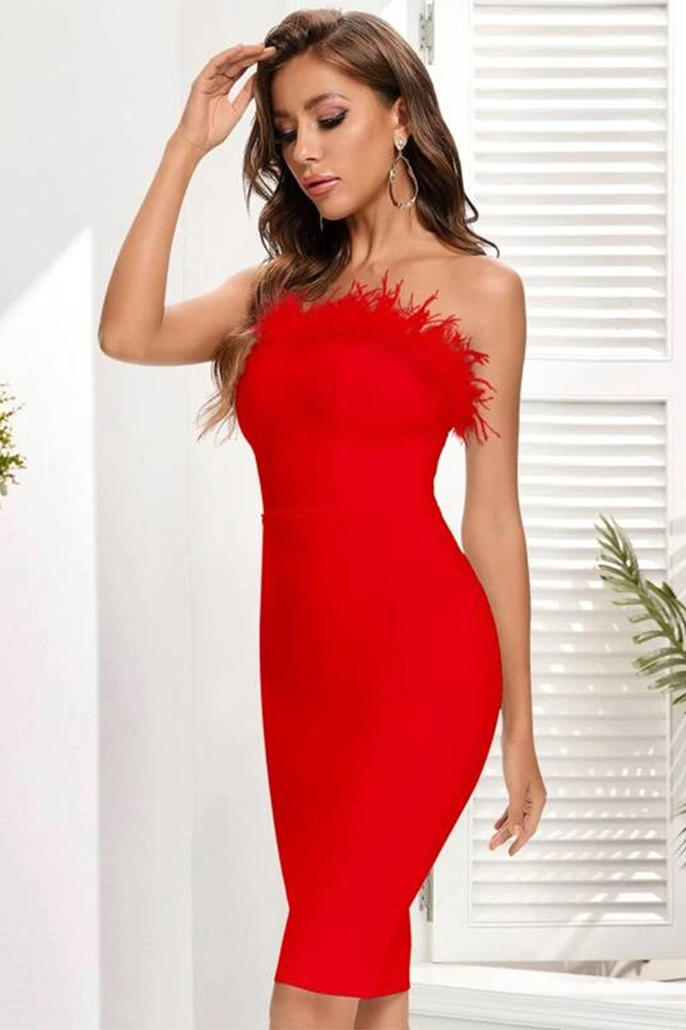 red bandage dress, red bodycon dress, feather bandage dress, cocktail dress, bandage dress for women, knee length bandage dress, sexy bandage dress, off shoulder bandage dress, bandage dress for women elegant, bright dress, colorful dress